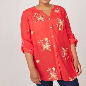 Figueroa & Flower red embroidered button up blouse women’s Size 2XL floral gauzy